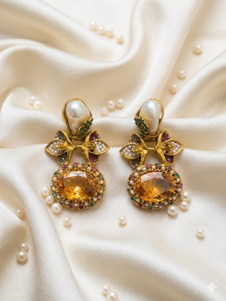 Pearl & citrine floral earrings