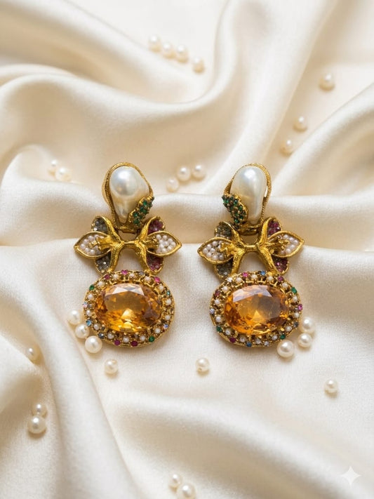 Pearl & citrine floral earrings