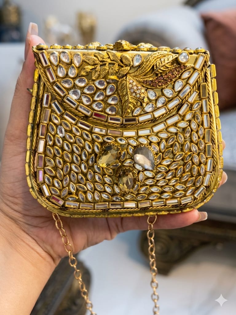 Kundan Mirrored Gold Evening Clutch